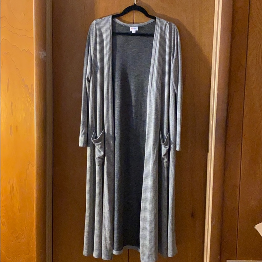 Lularoe Sarah cardigan, gray w/black micro stripes